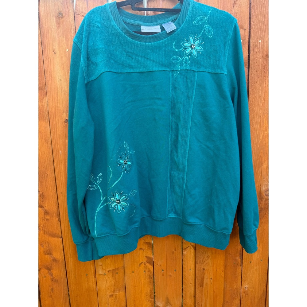 Alfred Dunner Teal Floral Embroidered Corduroy Panel Sweatshirt XL Womens